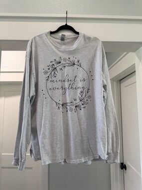 Gildan Light Gray Long Sleeve Tee with Floral 'mindset is everything' Graphic